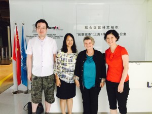 New School faculty Victoria Hattem (2nd from right) and Laura Lui (far right) at a SPW meeting in Shanghai, China.